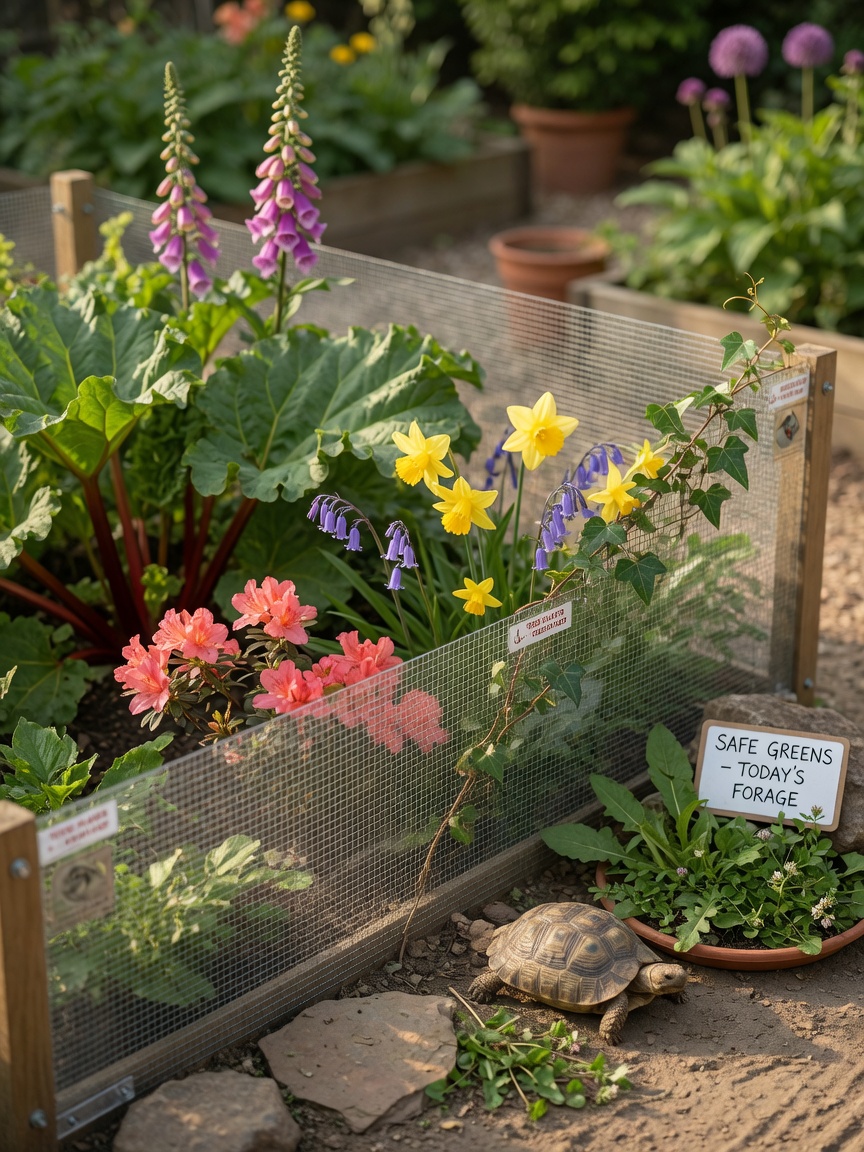 Toxic garden plants including rhubarb, foxglove, daffodils, and azalea safely separated by a barrier from tortoise feeding area