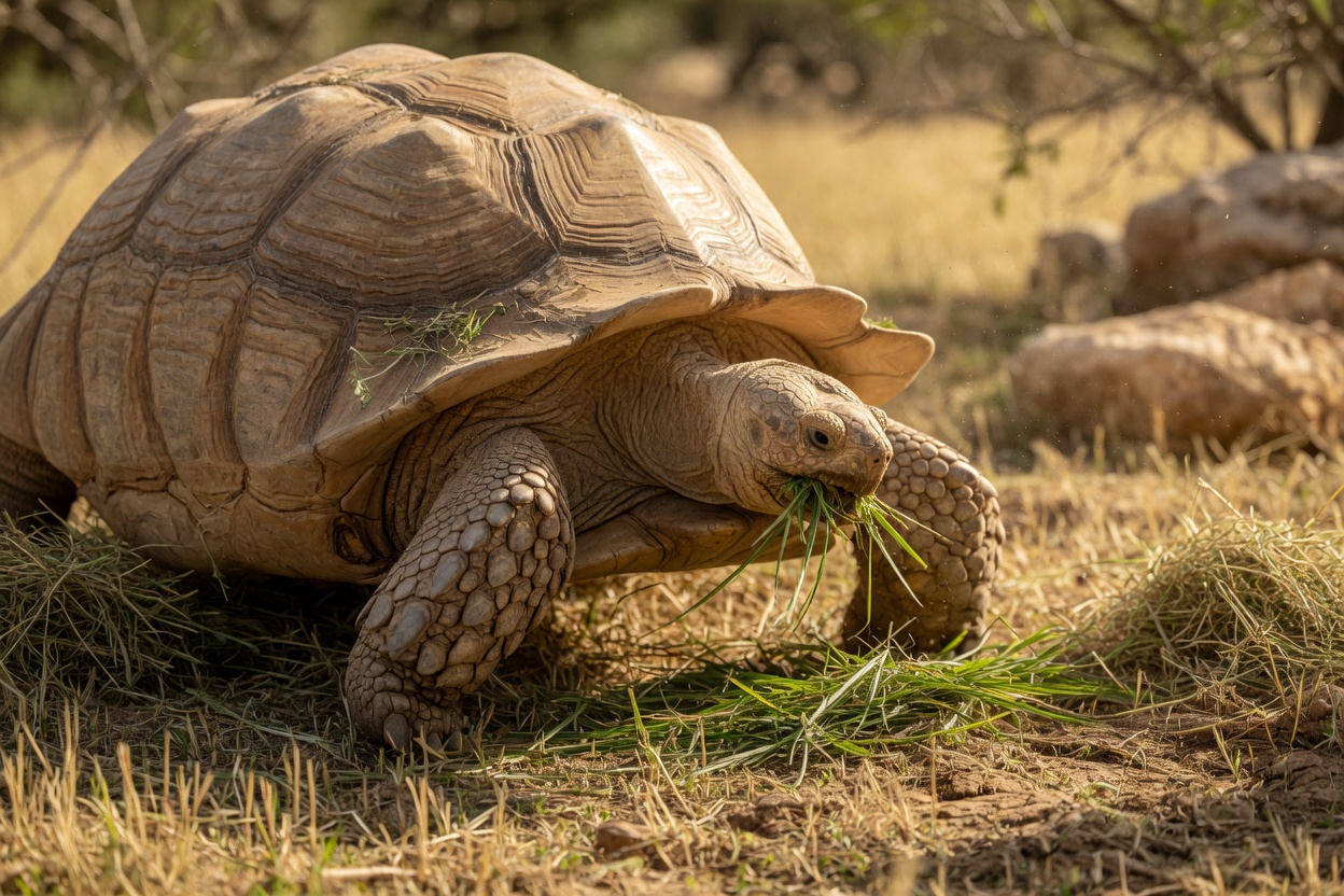 Large Sulcata tortoise grazing on dry golden grasses in arid, sunny habitat showing healthy shell structure