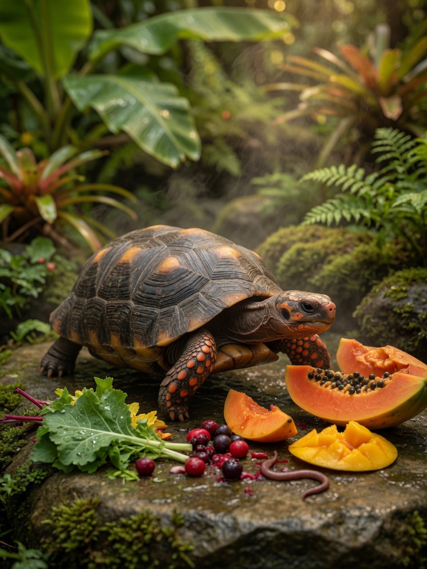 Red-footed tortoise in humid habitat surrounded by varied diet of leafy greens, tropical fruits, and protein sources