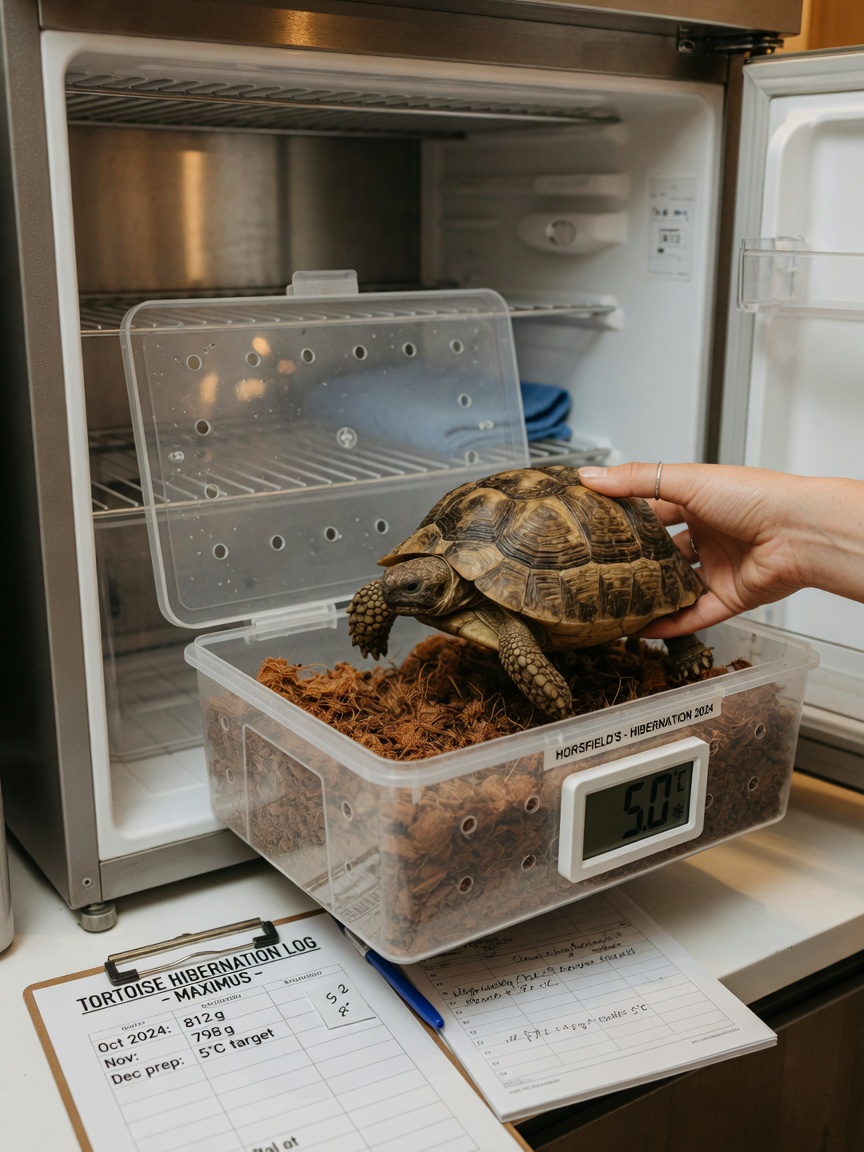 Tortoise being placed in a ventilated hibernation box inside a refrigerator for proper temperature-controlled hibernation