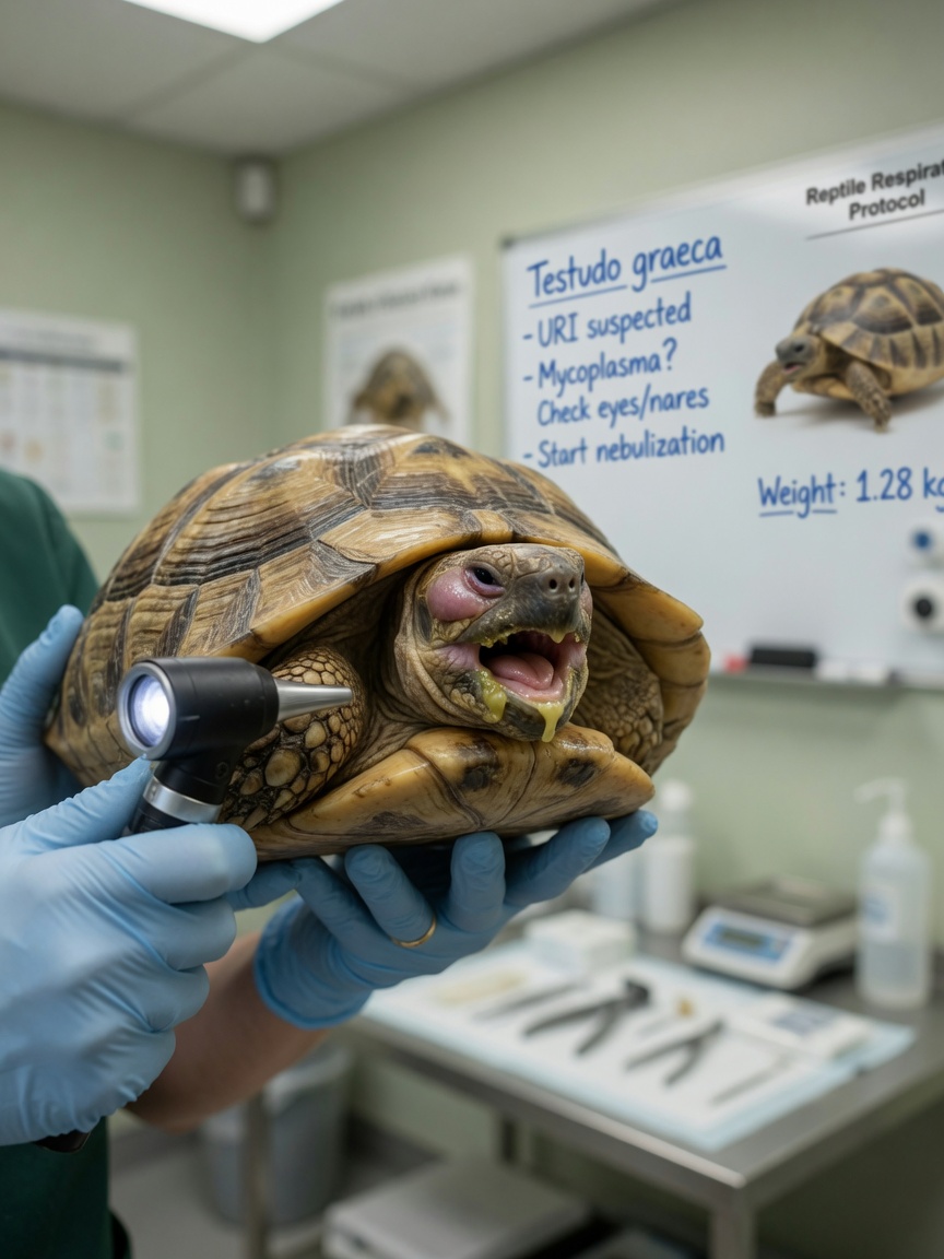 Veterinarian examining a tortoise with respiratory infection symptoms, checking nasal discharge and swollen eye