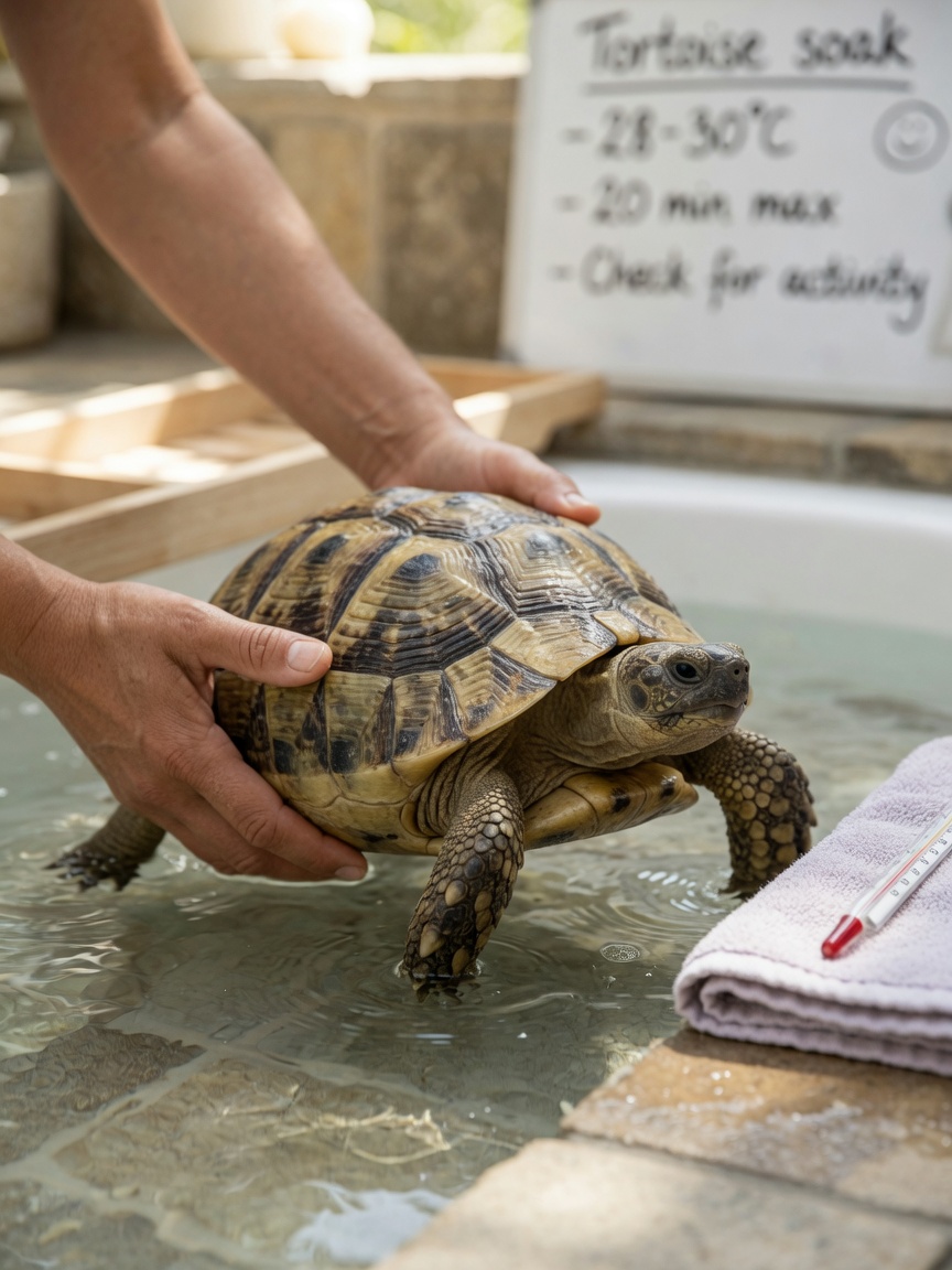 Tortoise soaking in a warm bath during the gut-clearing period before hibernation