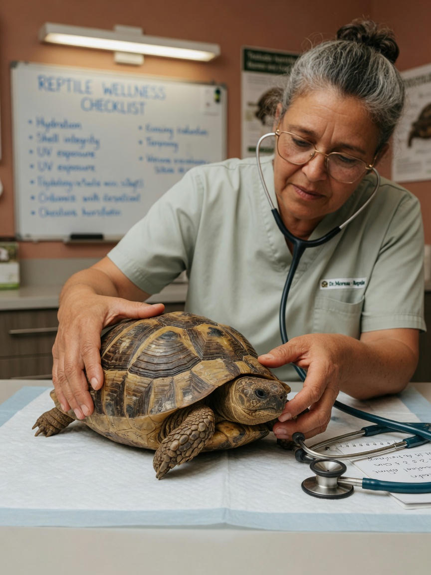 Reptile veterinarian performing a pre-hibernation health assessment on a Russian tortoise