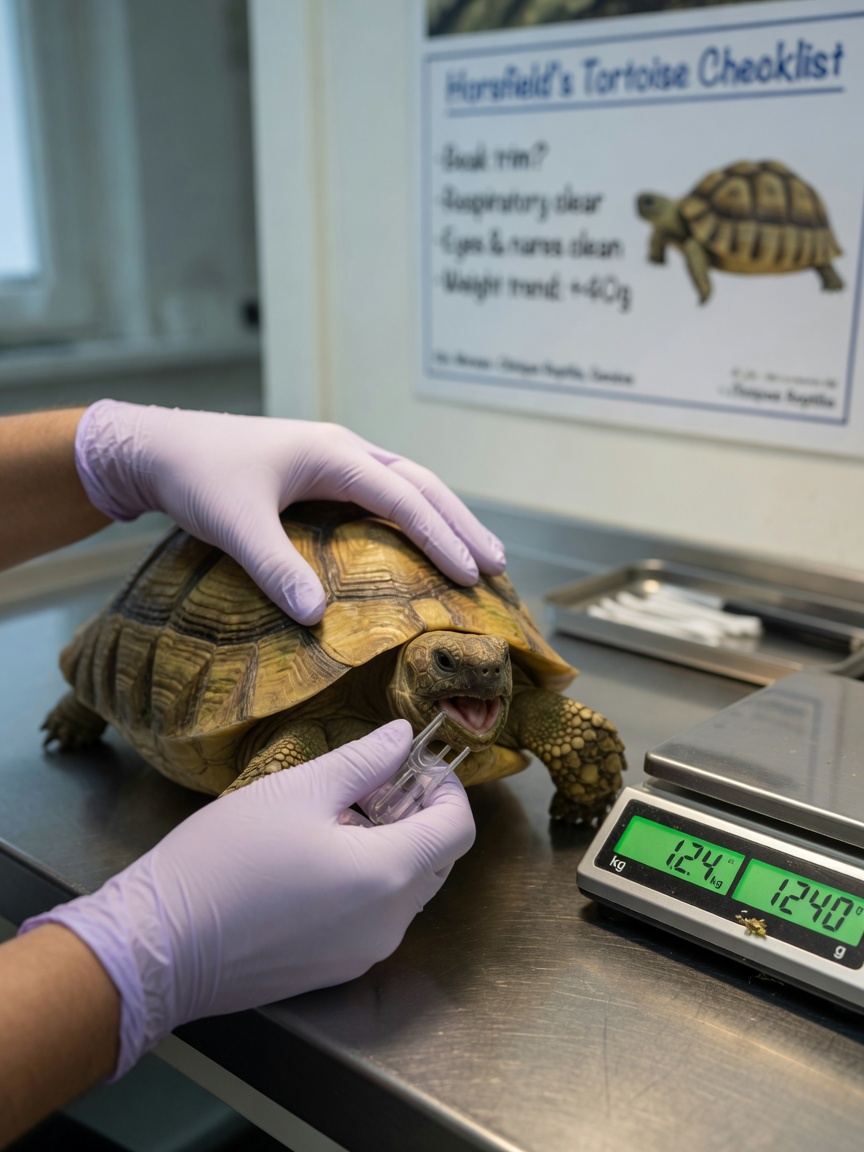 Reptile veterinarian examining a tortoise during pre-hibernation health check