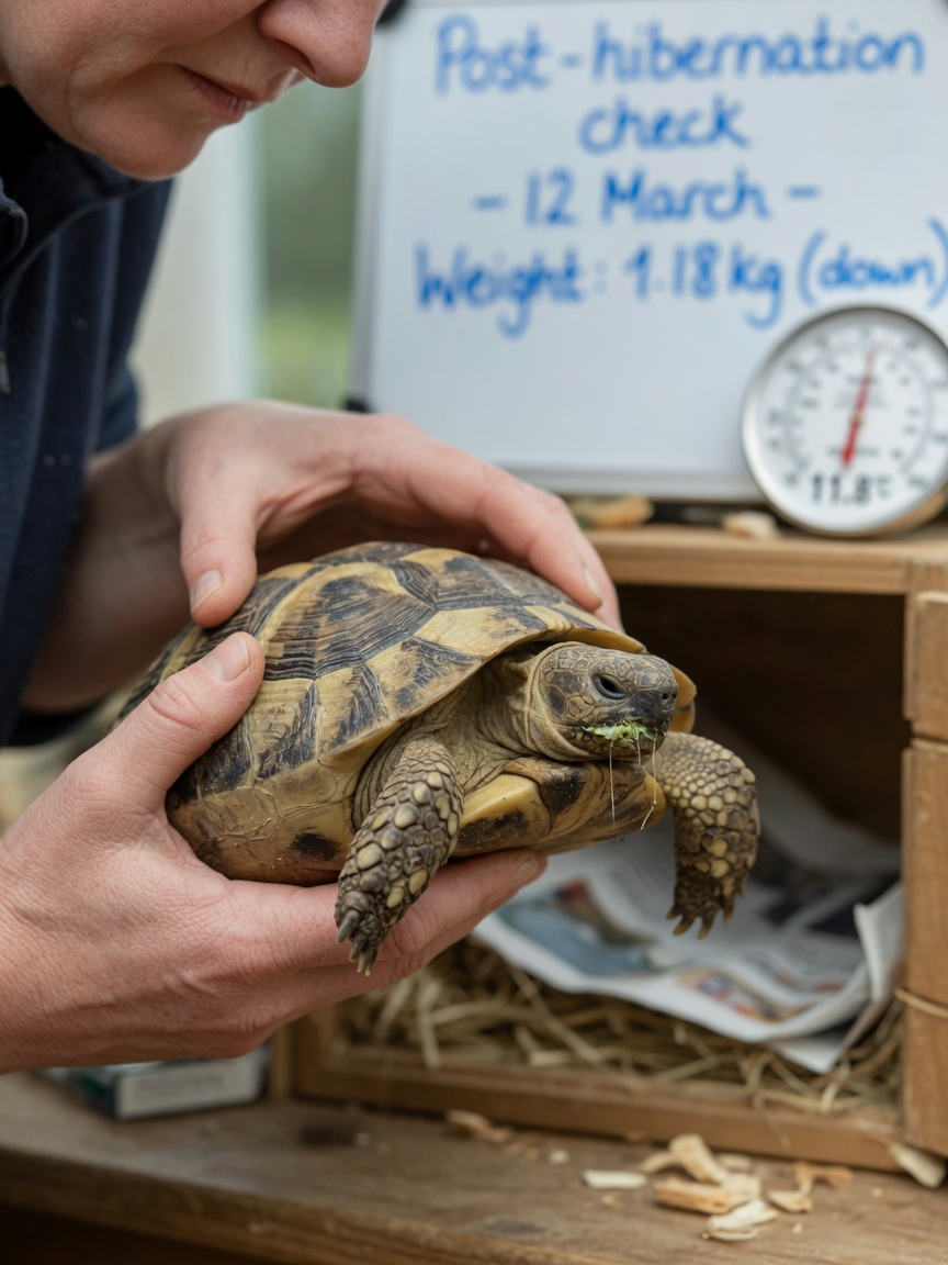 Tortoise keeper inspecting a tortoise removed from hibernation due to warning signs