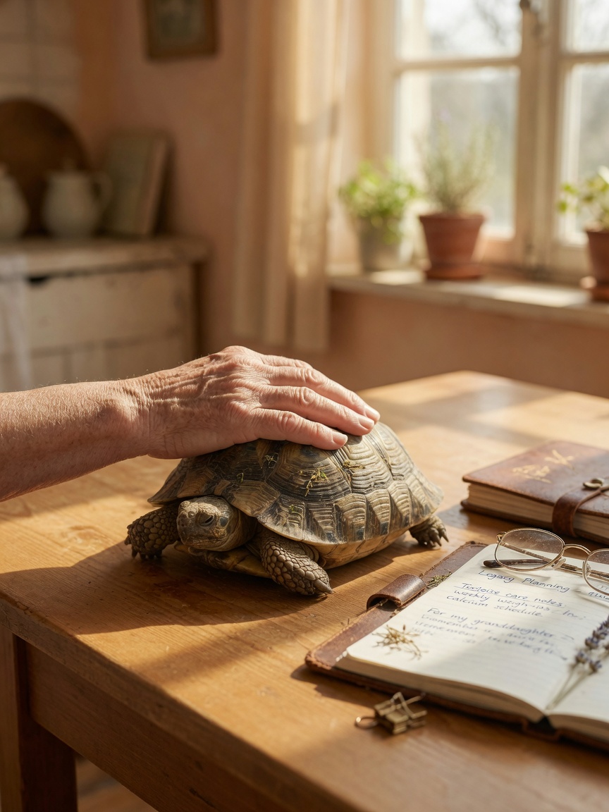An elderly person's hand gently touching a resting tortoise beside an open journal, representing estate planning and multigenerational pet care responsibility.