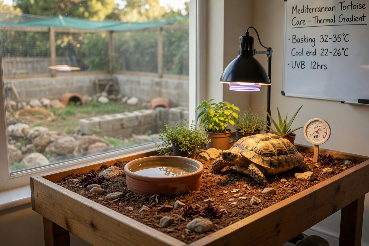 A well-designed indoor tortoise table with UVB lighting, basking area, and substrate, with an outdoor predator-proof enclosure visible in the background.