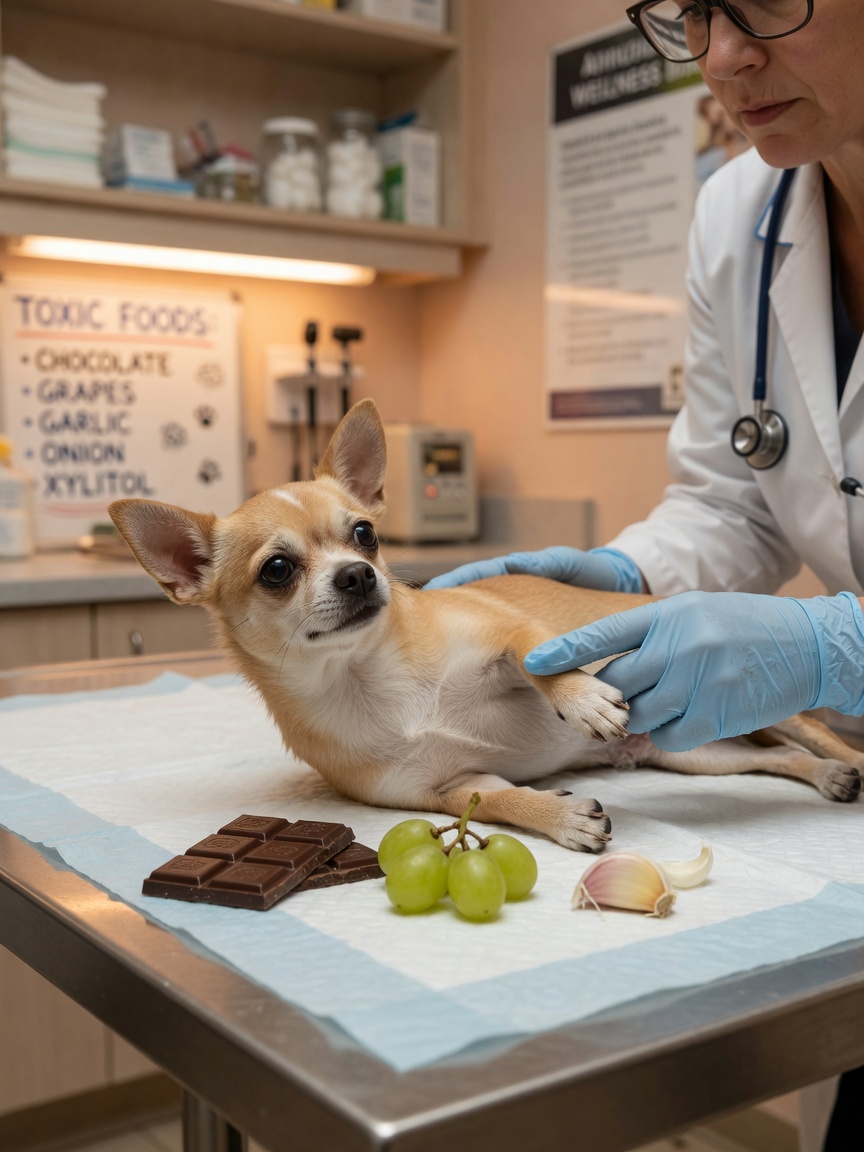 Small Chihuahua on vet examination table with veterinarian checking its health, symbolic toxic foods displayed nearby showing metabolic vulnerability in small breeds.