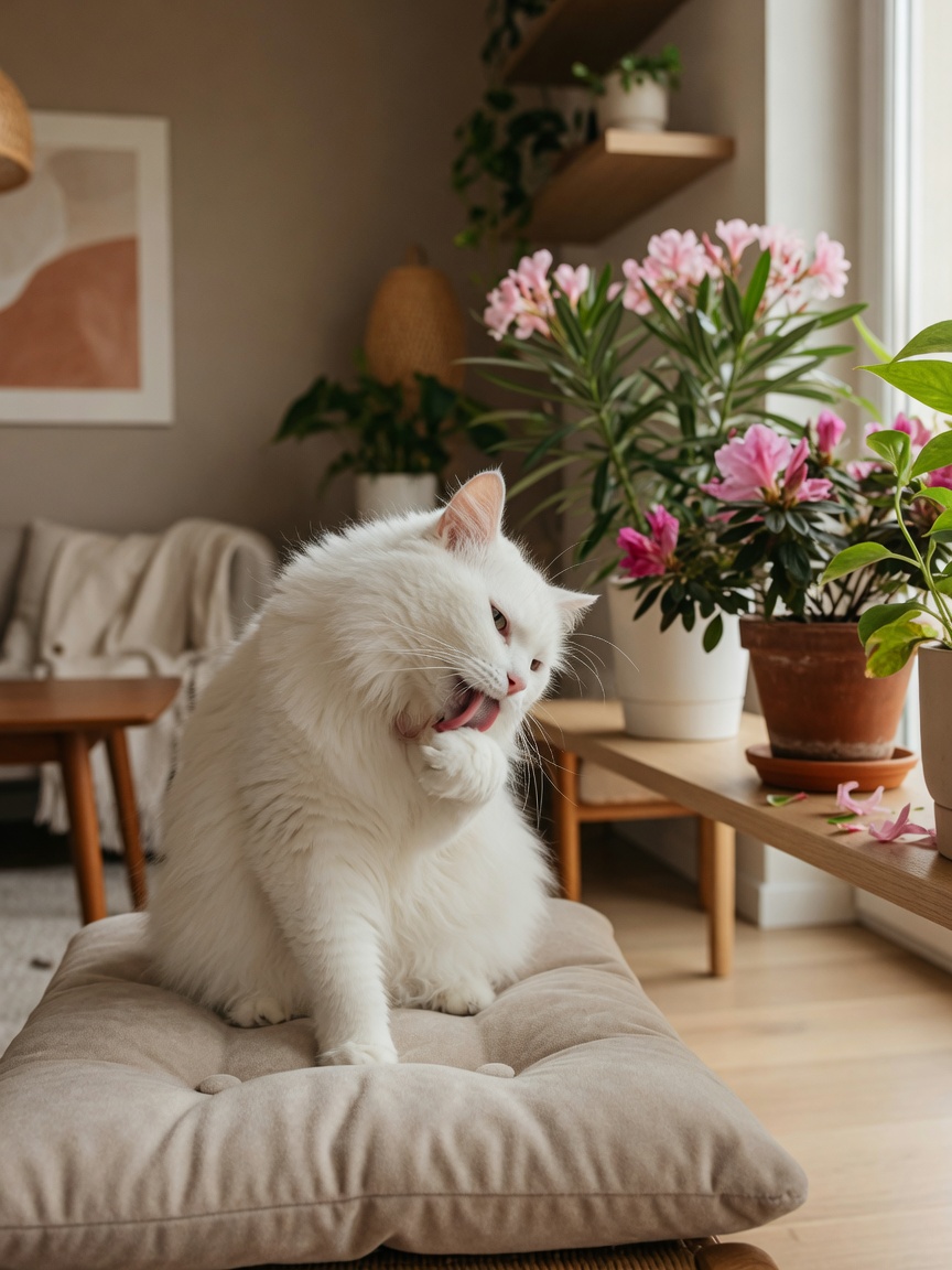 Long-haired white cat grooming its coat with its tongue, demonstrating how toxins from plants transfer during self-cleaning