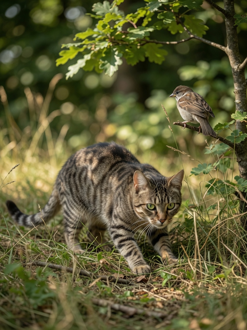 Alert tabby cat stalking prey in tall grass outdoors, demonstrating hunting behavior that leads to toxoplasmosis infection