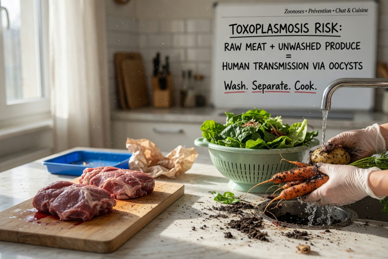 Kitchen scene showing raw meat, unwashed vegetables, and hands wearing gloves washing produce under running water