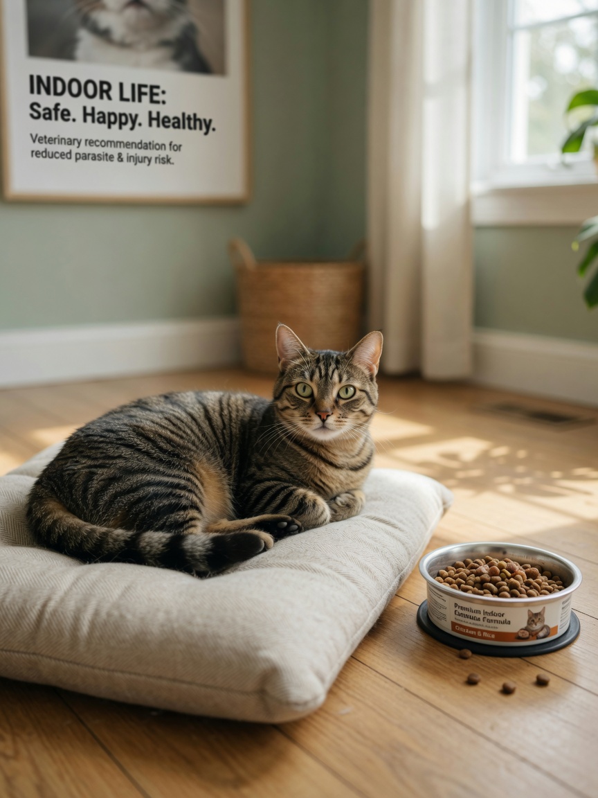 Indoor cat resting peacefully indoors with commercial food bowl, showing low transmission risk lifestyle