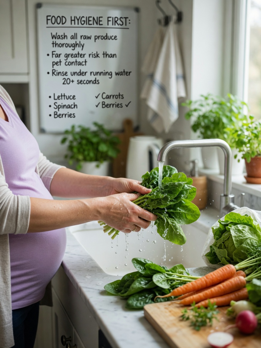 Pregnant woman washing fresh vegetables in kitchen sink, showing primary toxoplasmosis prevention through food hygiene