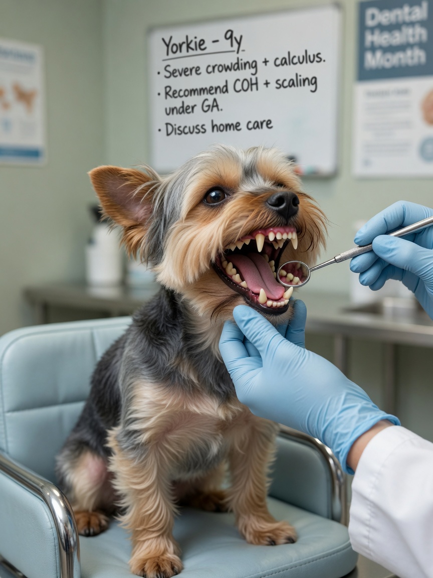 Yorkshire Terrier with overcrowded teeth and tartar buildup during dental examination showing periodontal disease