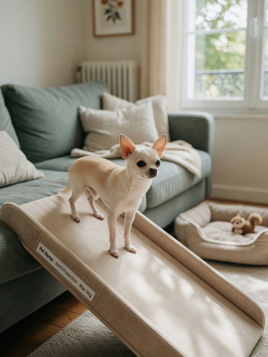 Chihuahua using protective pet ramp near furniture to prevent fragile bone injuries from jumping
