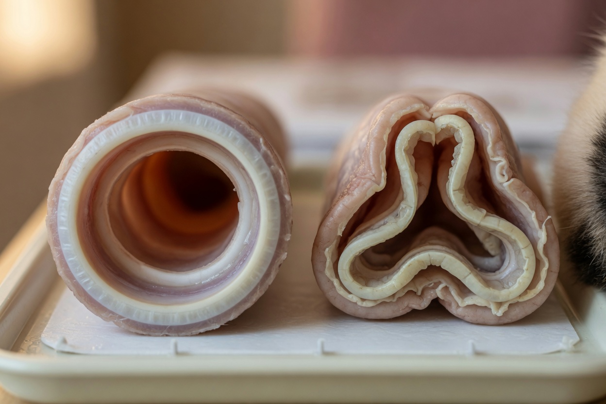 Anatomical comparison showing healthy versus collapsed trachea structure in small dogs