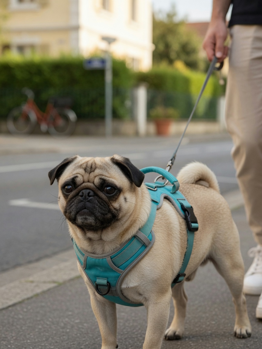 Small Pug wearing body harness instead of neck collar for safe walking during tracheal collapse management