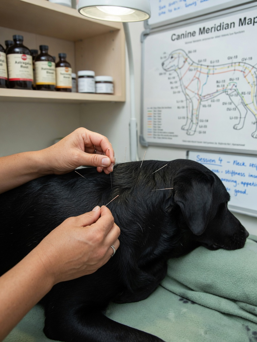 Veterinarian's hands inserting acupuncture needles into a Labrador's back during acupuncture treatment