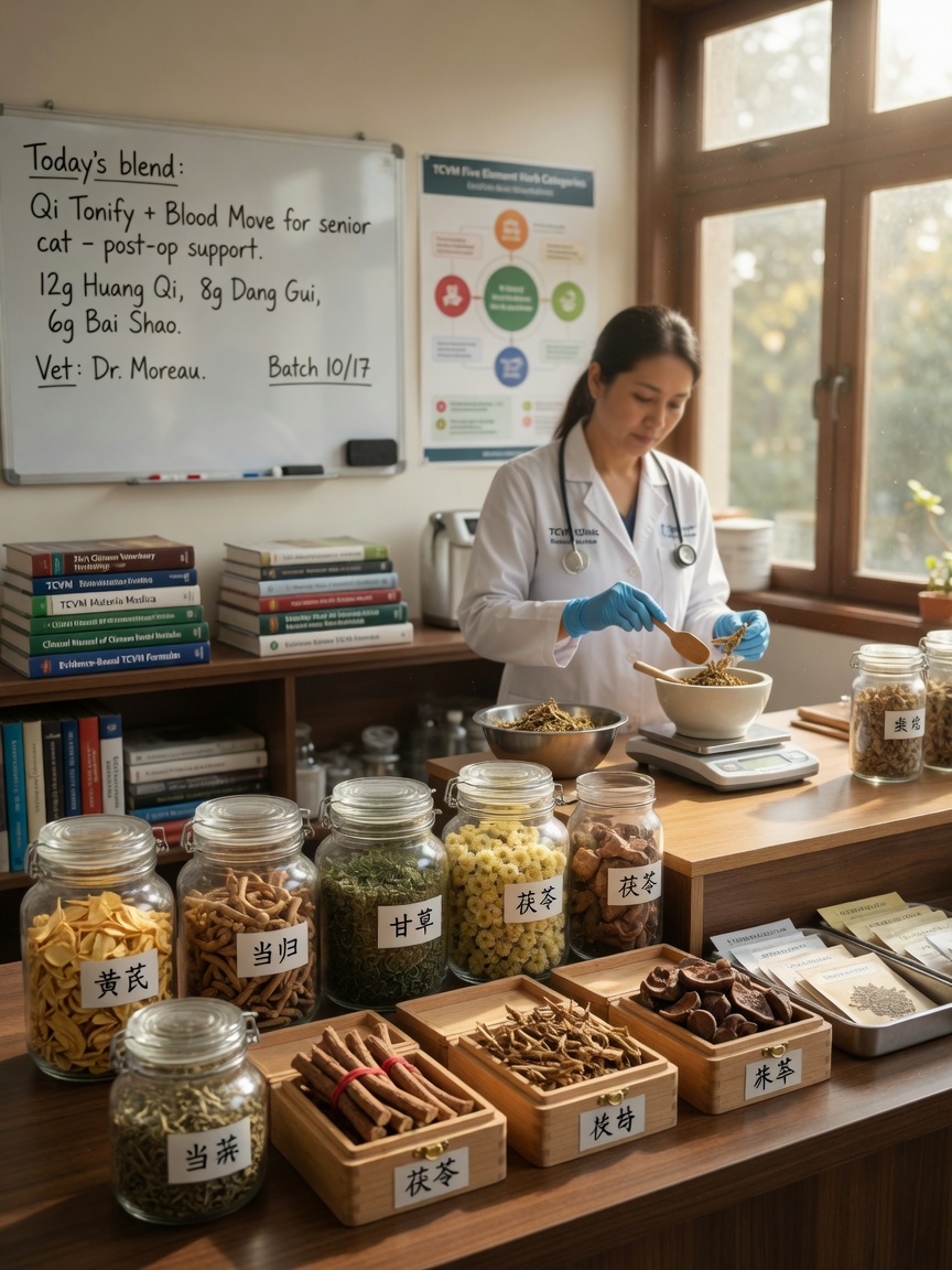 Traditional Chinese Veterinary Medicine herbal ingredients in glass jars at a veterinary clinic dispensary