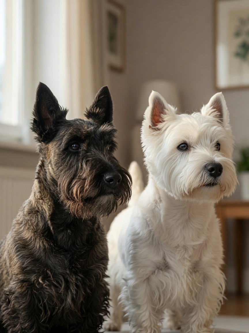 Scottish Terrier and West Highland White Terrier standing together, breeds at elevated risk for transitional cell carcinoma
