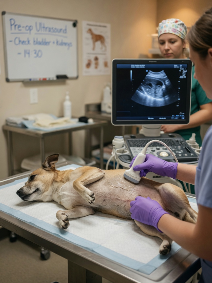 Veterinarian performing abdominal ultrasound examination to diagnose bladder cancer in dog