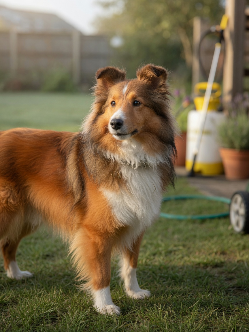 Middle-aged Shetland Sheepdog in residential yard representing breed susceptibility to TCC