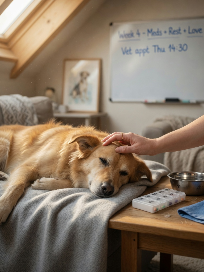 Dog receiving supportive care at home with medication and owner comfort during TCC treatment