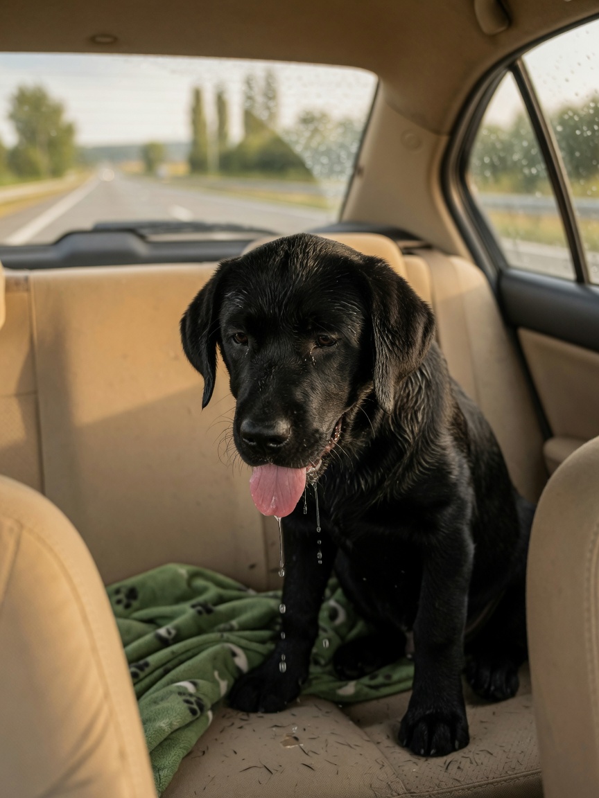 Young Labrador puppy showing signs of motion sickness in a car