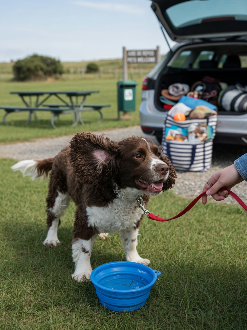 Spaniel on lead at rest stop during long car trip with portable water bowl