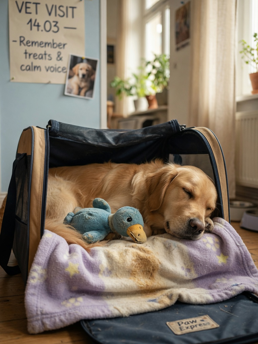 A calm dog resting in a familiar pet carrier lined with a soft blanket and toy