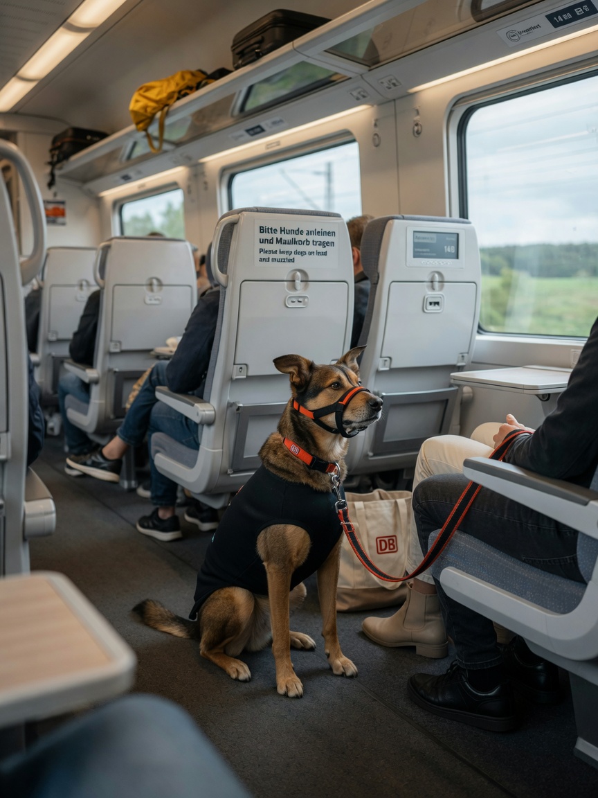 A dog wearing a muzzle and lead sitting in a Deutsche Bahn train carriage compartment