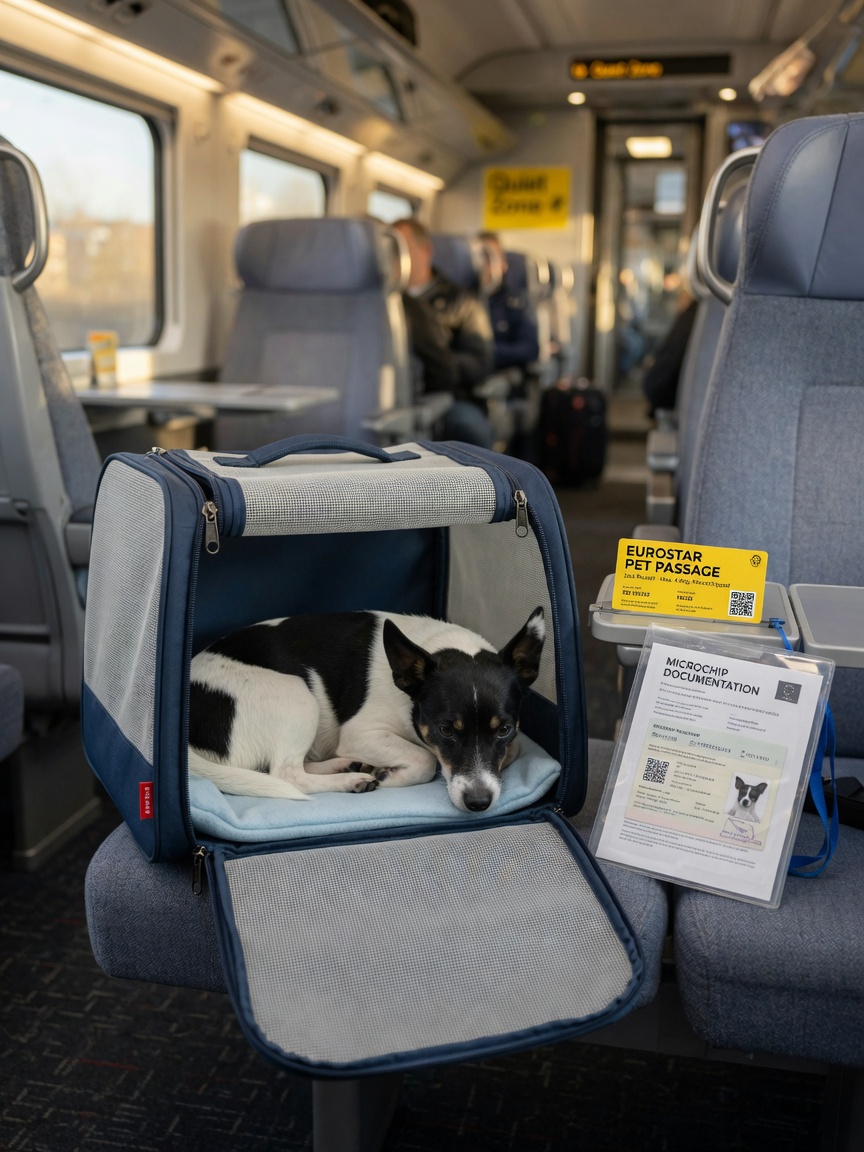 Small black and white Jack Russell terrier sitting inside a mesh pet carrier positioned under a train seat