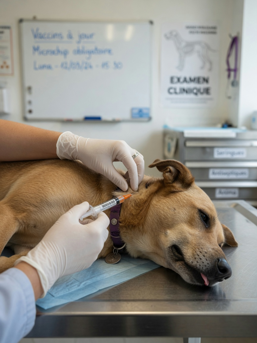 Veterinarian microchipping a dog during travel preparation