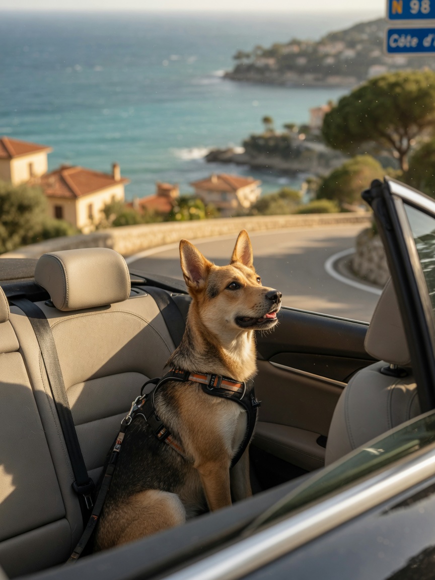 Dog safely restrained during European coastal car journey