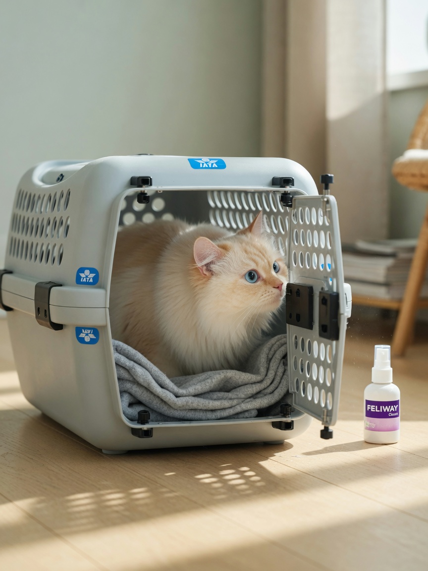 Chat curieux explorant un panier de transport ouvert avec literie et spray aux phéromones à proximité