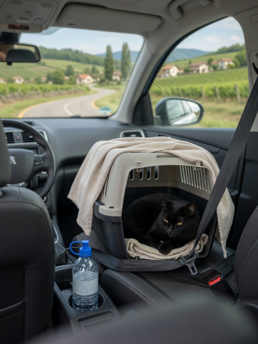 Chat dans un panier de transport sécurisé recouvert d'un tissu dans un refuge voiture lors d'un road trip européen
