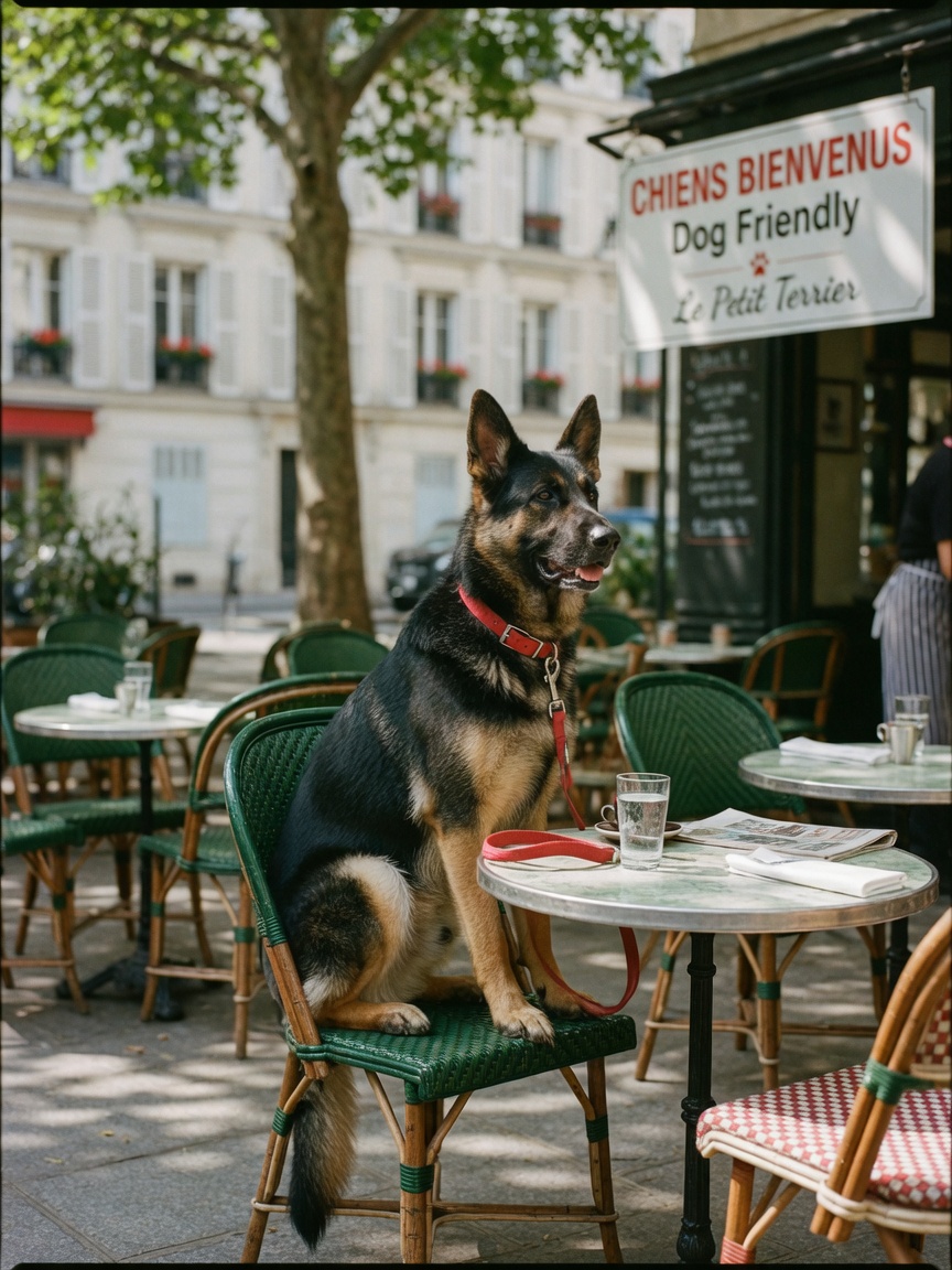 Duitse Herder hond ontspannend op een Parijse caféteras in Frankrijk