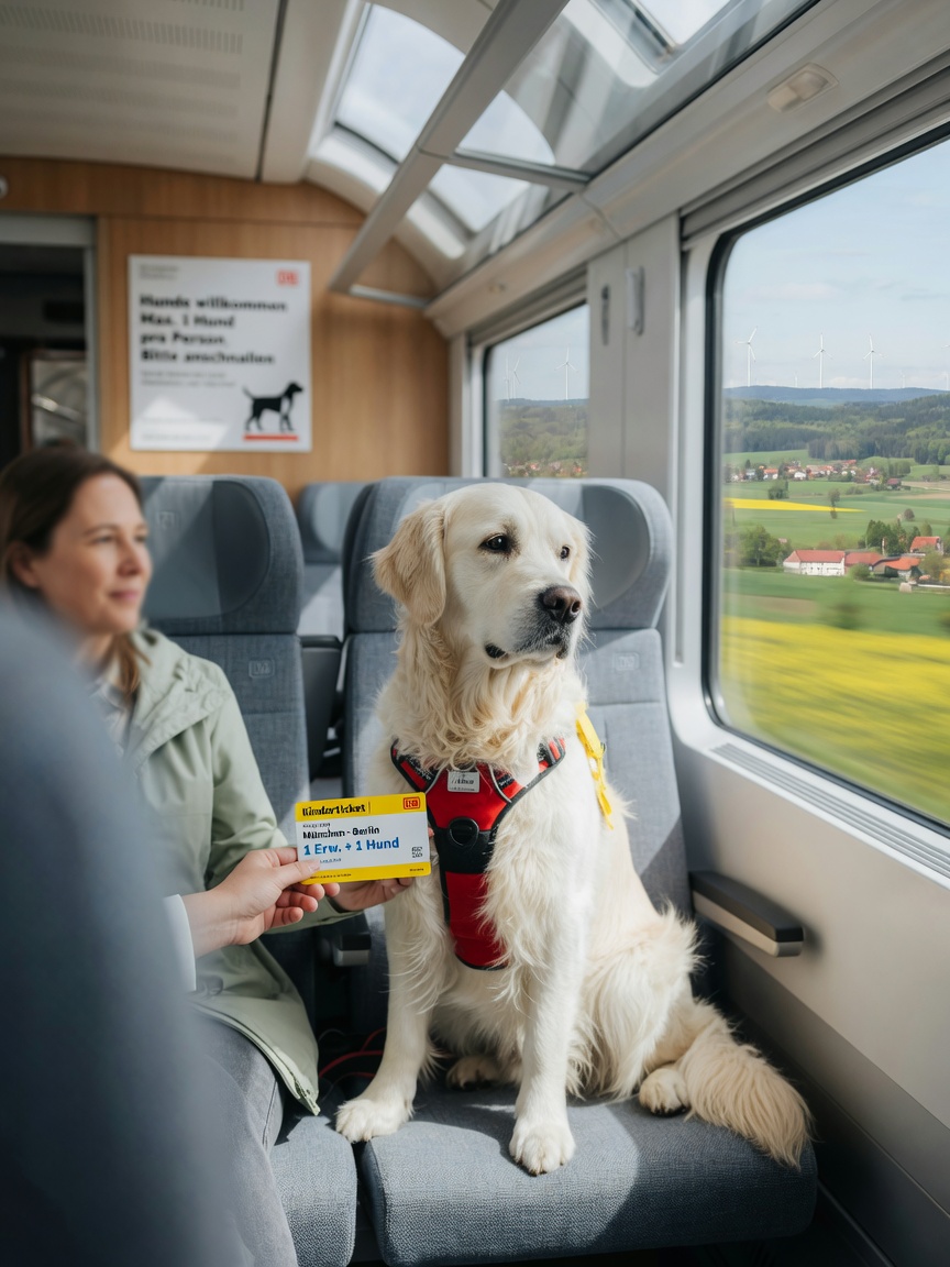 Golden Retriever hond reizend in een Duitse trein met eigenaar die kaartje vasthoudt