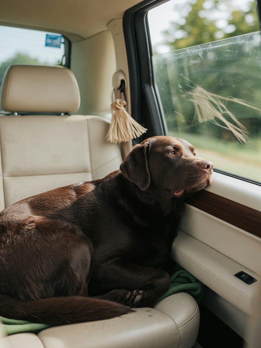 Chocolate Labrador enjoying fresh air through a car window during travel