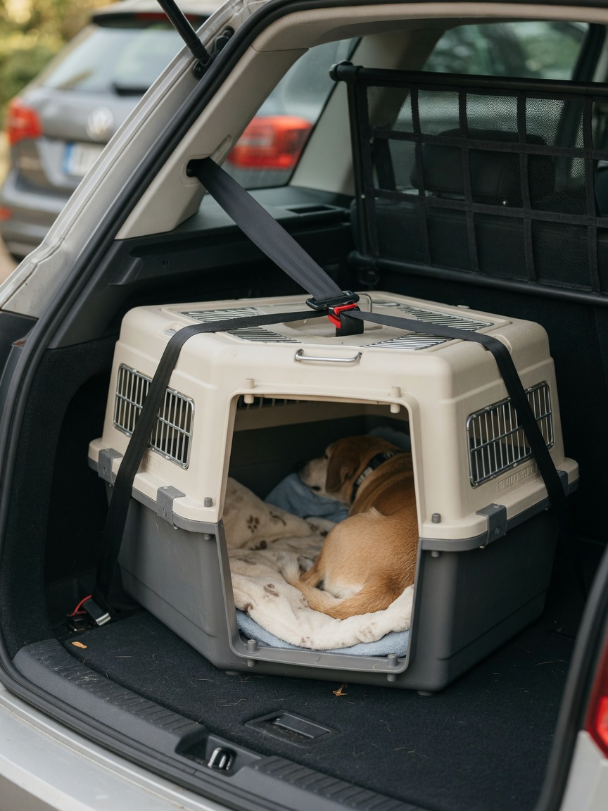 Secure travel crate anchored in car boot with seatbelt and cargo barrier