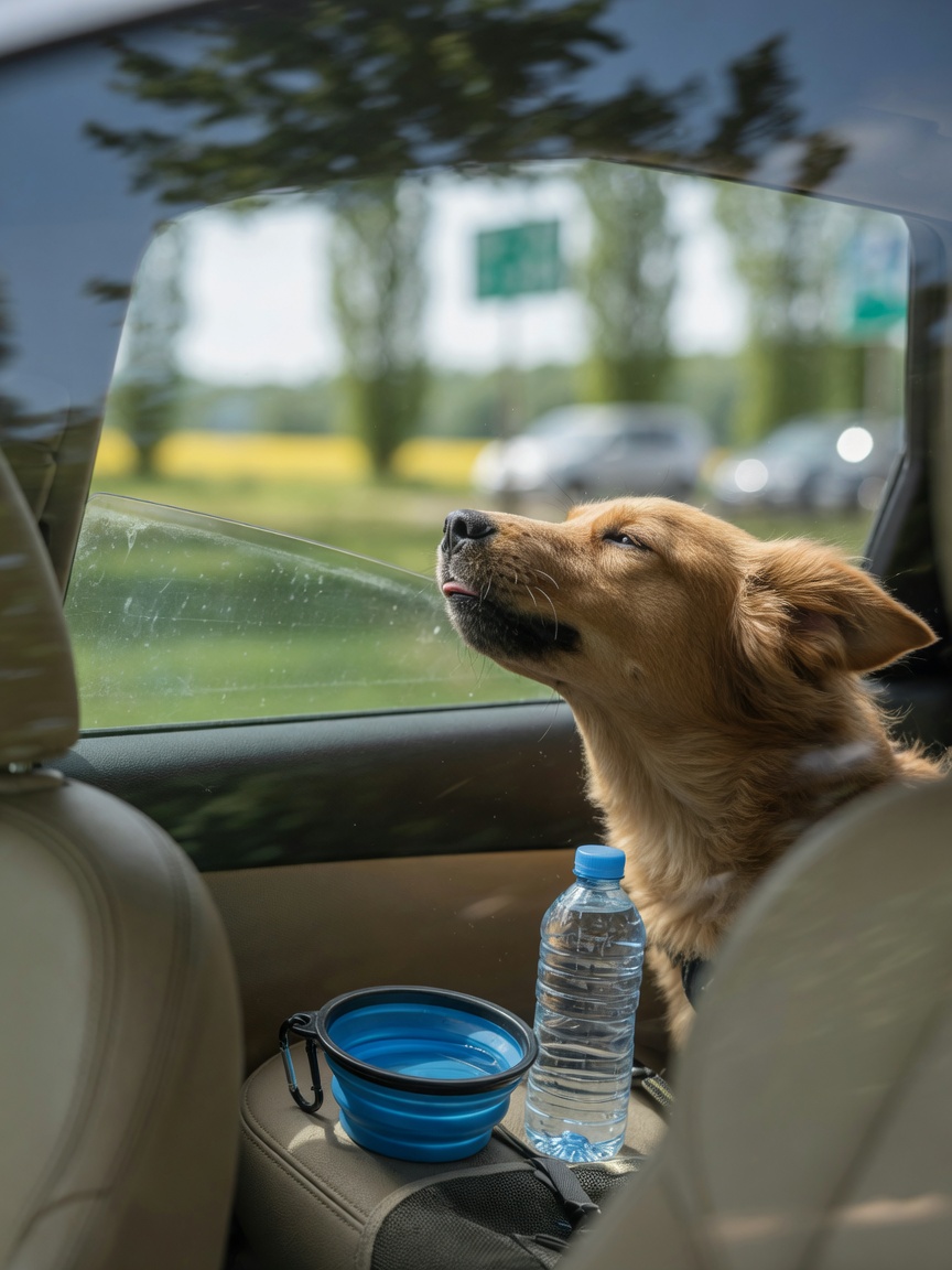 Dog looking out of slightly opened car window with water bowl and fresh water nearby