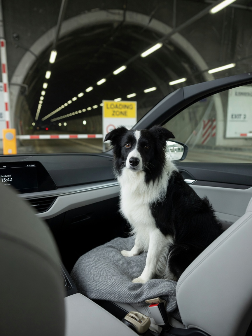 Black and white Border Collie relaxed in vehicle during Channel Tunnel crossing