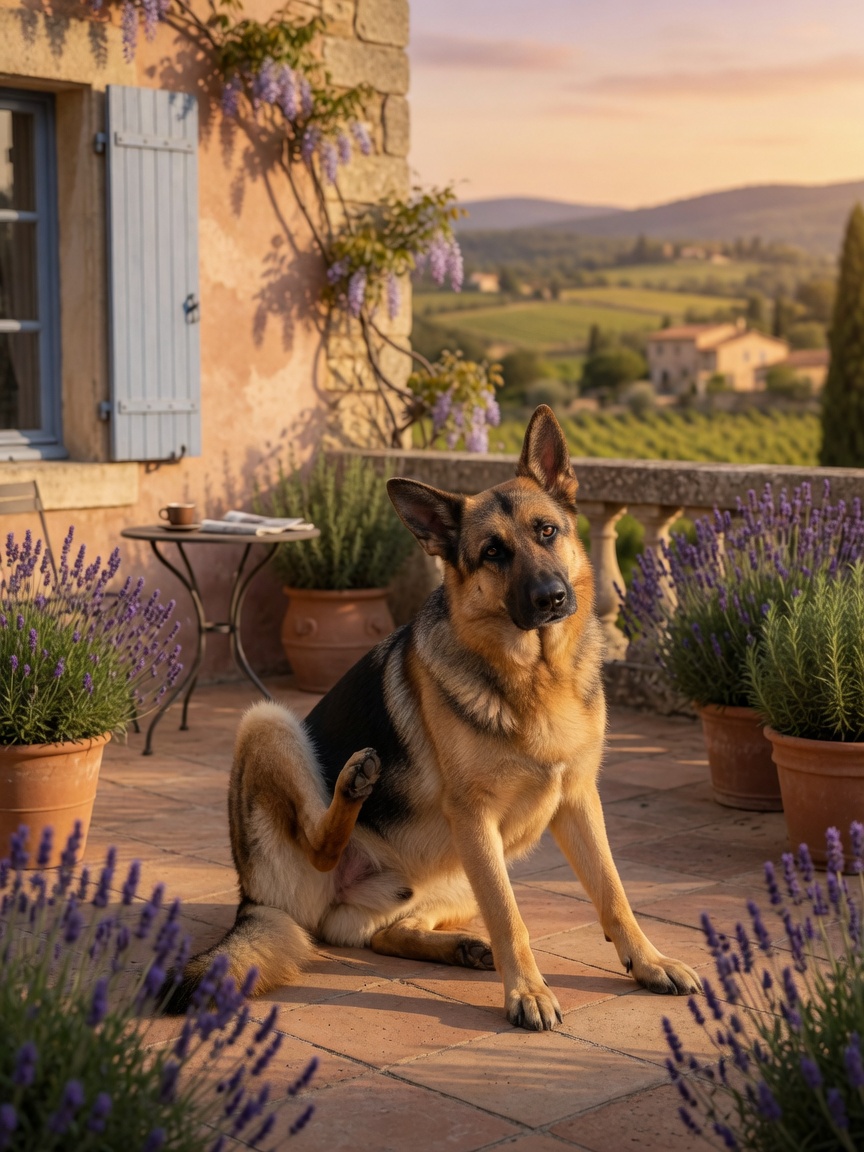 German Shepherd scratching in sunny southern French landscape, illustrating exposure to regional disease vectors