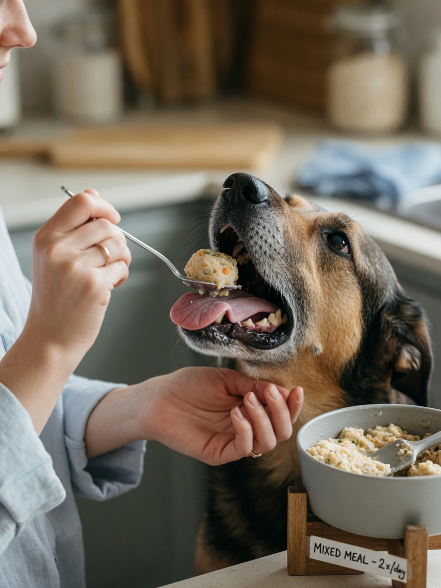 Dog owner hand-feeding soft food to a dog with trigeminal neuritis that cannot close its mouth