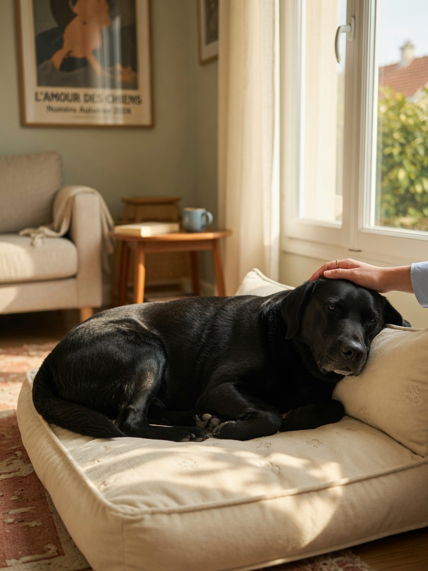 Recovered dog with normal closed jaw resting peacefully with owner's hand, depicting successful trigeminal neuritis recovery