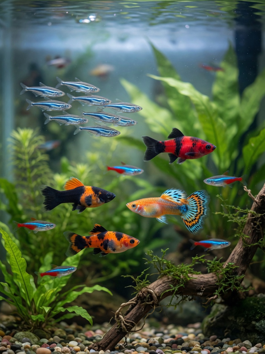Gedeihendes tropisches Gemeinschaftsaquarium mit Guppys, Mollys, Platys, Zebrabärblingen und Neonsalmler, die unter Wasserpflanzen schwimmen