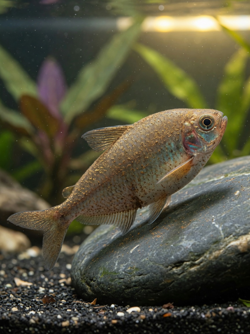 Tropischer Fisch mit Samtkrankheit zeigt feinen goldenen Belag auf Körper und Flossen, scheuert sich am Aquariumboden mit sichtbarer Atemnot.