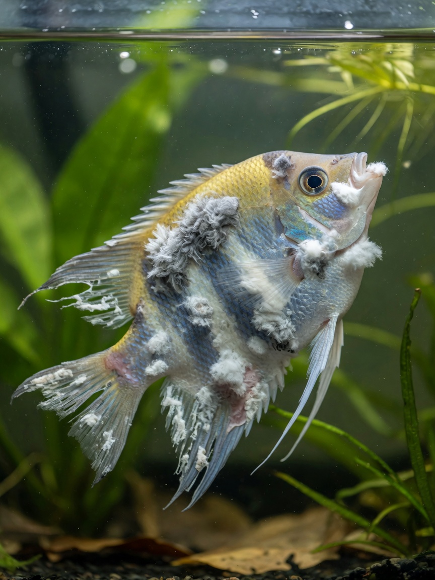Tropischer Fisch mit Columnaris-Krankheit zeigt weiße, flockige Flecken, ausgefranste Flossen, weiße Maulbüschel und Sattelläsion, an der Wasseroberfläche in Bedrängnis.