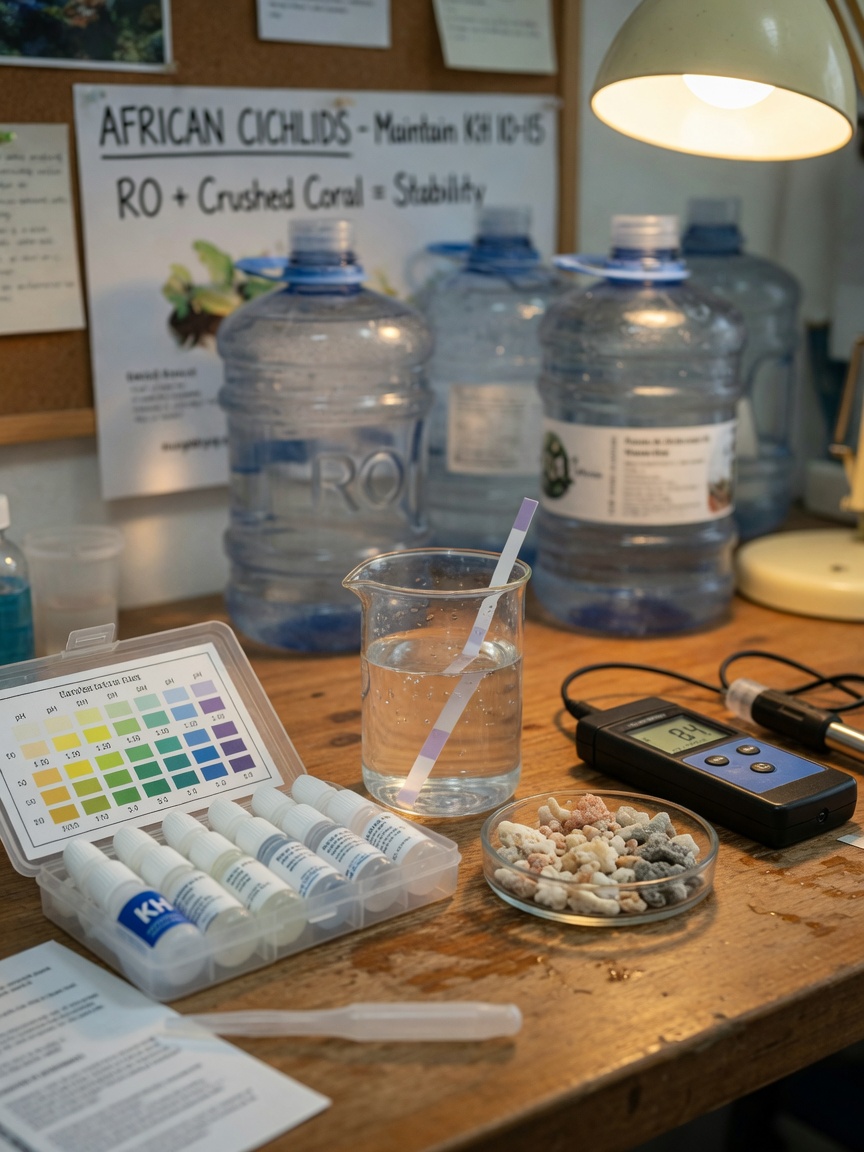 Water testing materials including beaker, liquid test kit, and crushed coral on a workbench
