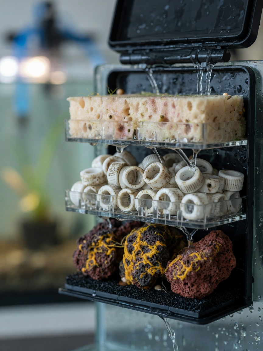 Internal view of aquarium filter media showing biological filtration layers and bacteria cultures
